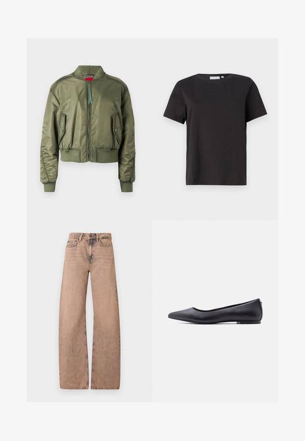 Olive vihreä bomber-takki, jossa on vetoketjukiinnitys, ribatut hihansuut ja helma sekä viistot sivutaskut napilla. Sileä, kiiltävä rakenne.; Musta puuvillapaita lyhyillä hihoilla, pyöreällä kaula-aukolla ja yksinkertaisella, siistillä muotoilulla. Ei näkyviä kuvioita tai koristeluja.; Vaaleanruskeat leveät farkut, jotka on valmistettu denimistä. Niissä on klassinen vyötärö, viisi taskua ja haalistunut pinta.; Musta kärjestään terävä, matalakorkoinen nahkainen tasapohjakenkä, esitetty sivuprofiilissa valkoista taustaa vasten.