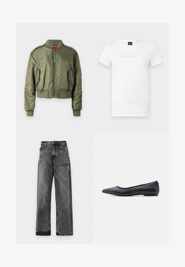 Olivegrüne Bomberjacke mit Reißverschluss vorne, gerippten Bündchen und Saum sowie schräge Seitentaschen mit Druckknopfverschluss. Glatte, glänzende Textur.; Weißes T-Shirt mit kurzen Ärmeln und Rundhalsausschnitt, mit dem Schriftzug "BOSS" aus kleinen runden Mustern auf der Brust, vor einfachem Hintergrund dargestellt.; Schwarze Jeans mit weitem Bein und ausgewaschenem Look, distressed Details an der Vorderseite und klassischem Fünf-Taschen-Design.; Schwarzer flacher Lederschuh mit spitzer Kappe und niedrigem Absatz, seitlich vor weißem Hintergrund gezeigt.