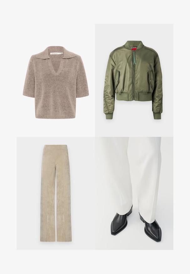 Chaqueta bomber de color verde oliva con cierre de cremallera frontal, puños y dobladillo acanalados, y bolsillos laterales en ángulo con cierre a presión. Textura suave y brillante.; Suéter beige de manga corta con escote en V, hecho de un material de punto suave, con un diseño de cuello y un corte relajado.; Pantalones de talle alto y pierna ancha en suave sarga de color beige claro, con acanalado vertical y una textura suave. Cintura plana para mayor comodidad.; Botas de tobillo negras con punta afilada y acabado de cuero liso, con tacones bajos y bloque, combinadas con pantalones blancos de pierna ancha. Diseño simple y moderno.