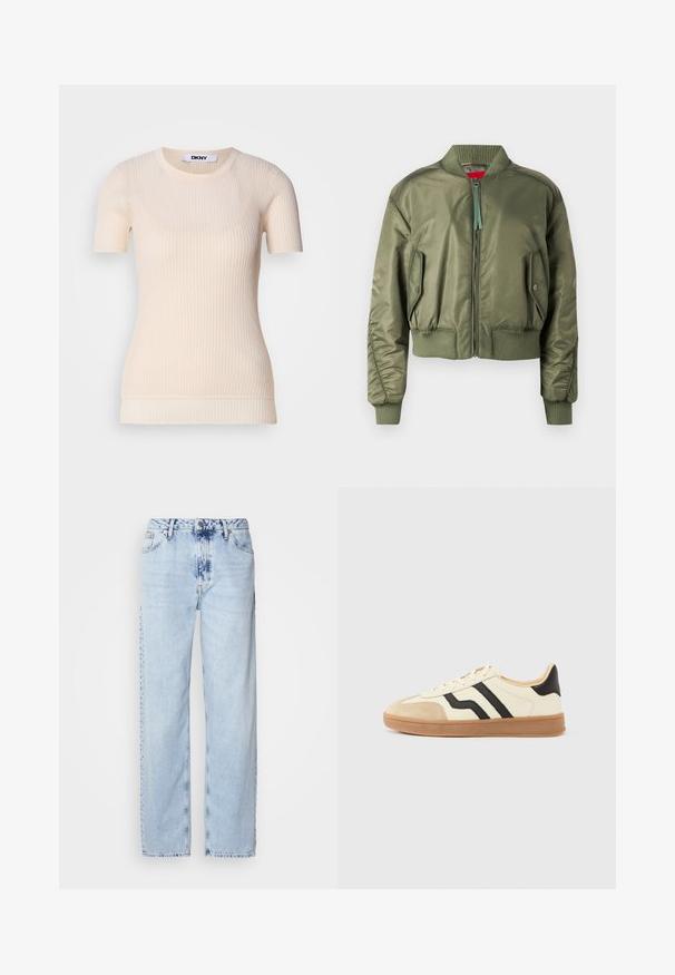 Veste bomber vert olive avec fermeture éclair à l'avant, poignets et ourlet côtelés, et poches latérales inclinées avec fermeture à pression. Texture lisse et brillante.; Haut court à rayures crèmes avec un col rond. Fabriqué à partir d'un matériau doux, il présente une silhouette ajustée et une texture subtile. Étiquette DKNY visible.; Jeans large bleus clairs en denim, avec une taille haute, un lavage décoloré et un motif tie-dye subtil à l'avant.; Baskets à lacets avec une tige crème ornée de rayures noires et un bout en daim, complétées par une semelle en caoutchouc marron.