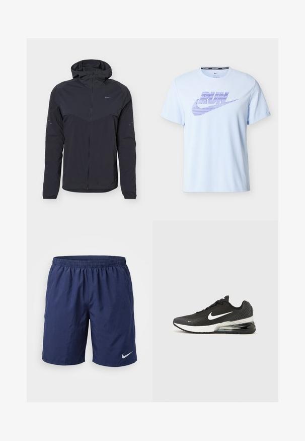 Veste légère noire à capuche avec fermeture éclair intégrale sur le devant, poignets élastiques et petit logo Nike Swoosh sur la poitrine et les manches.; T-shirt de running Nike bleu clair à manches courtes avec texte "RUN" violet et logo swoosh sur la poitrine, col rond.; Short de sport bleu marine avec ceinture élastique et logo Nike blanc sur la jambe gauche.; Baskets Nike Air Max 270 noires avec logo swoosh blanc, semelle intermédiaire blanche et coussin d'air visible au talon sur fond uni.