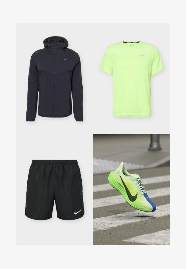Veste légère noire à capuche avec fermeture éclair intégrale sur le devant, poignets élastiques et petit logo Nike Swoosh sur la poitrine et les manches.; T-shirt de course pour hommes Nike vert néon à manches courtes, col rond et petit logo Nike argenté sur le côté gauche de la poitrine.; Shorts de sport noirs avec taille élastique et logo Nike blanc sur la partie inférieure de la jambe gauche, vus de face sur fond blanc.; Chaussure de course néon vert et bleu avec un swoosh noir, en plein vol au-dessus d'un passage piéton sur une rue en asphalte.