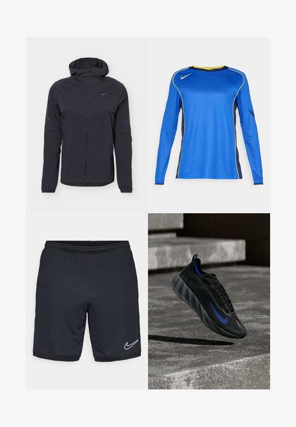 Veste légère noire à capuche avec fermeture éclair intégrale sur le devant, poignets élastiques et petit logo Nike Swoosh sur la poitrine et les manches.; T-shirt de sport à manches longues en bleu vibrant, avec des accents jaunes et une texture en mesh sur les côtés. Logo Nike affiché sur la poitrine.; Shorts de sport noirs en tissu léger et lisse, avec une taille élastique et un accent logo Nike blanc près de l'ourlet.; Chaussure de sport noire avec le swoosh bleu de Nike suspendue en l'air au-dessus d'escaliers en béton dans un cadre extérieur faiblement éclairé.