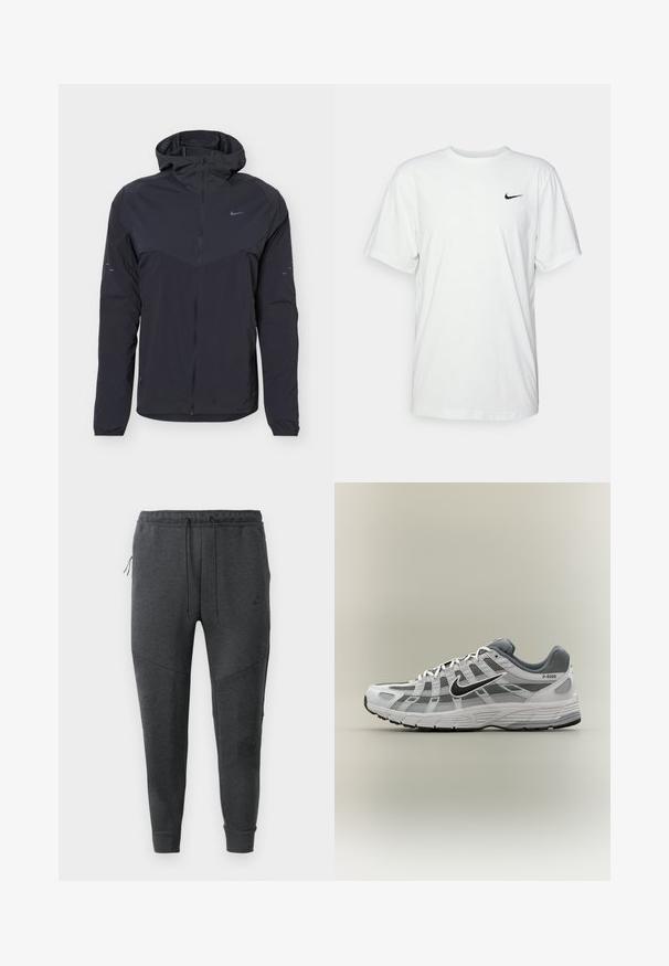 Must kerge kapuutsiga jakk täispika eesluku, elastsete mansettide ja väikese Nike Swoosh logoga rinnal ja varrukaid.; Valge puuvillane T-särk lühikeste varrukatega, ümmarguse kaelusega ning must Nike logo vasakul rinnal. Sile ja kerge kangas.; Tumedashallased Nike spordipüksid, millel on nööriga vöökoht, lukuga küljetasku, kitsenevad jalad ja soonikkoes konktid valgel taustal.; Valge ja hall Nike P-6000 toss musta logoga, võrgust paneelide ja tekstuurse tallaga, esitatud külgvaates neutraalsel taustal.