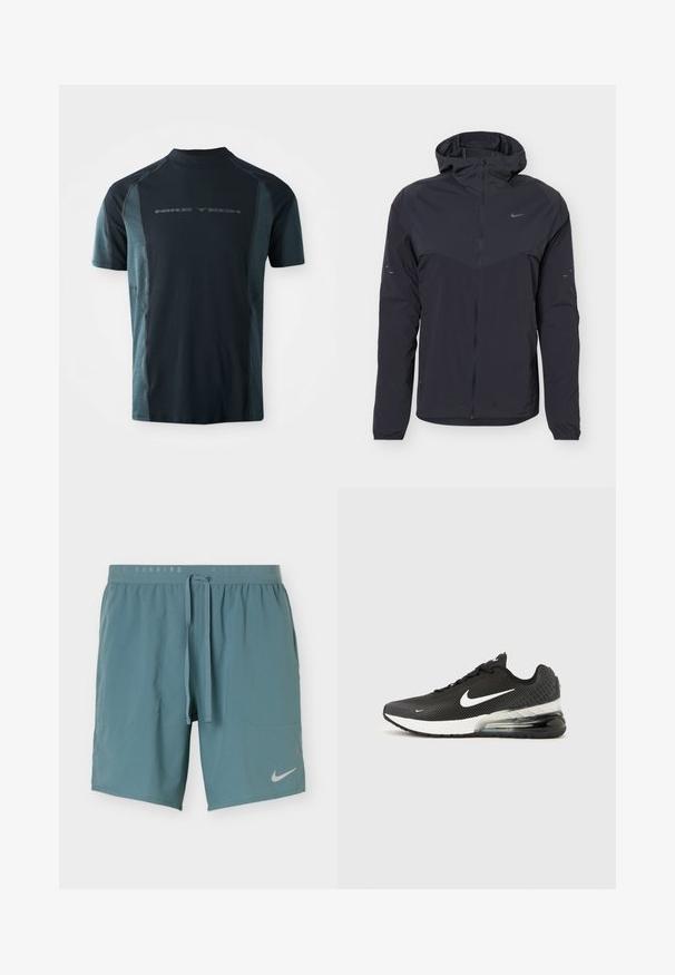 Chaqueta negra ligera con capucha, cremallera completa frontal, puños elásticos y pequeño logotipo Nike Swoosh en el pecho y las mangas.; Camiseta Nike Tech de manga corta, con un cuerpo en azul marino oscuro y paneles laterales en teal claro, y un cuello alto. Logo impreso en la parte delantera.; Pantalones cortos deportivos azul verdoso con cintura de cordón, bolsillos laterales y logo blanco de Nike en la pierna izquierda.; Zapatilla Nike Air Max 270 negra con logo swoosh blanco, media suela blanca y cojín de aire visible en el talón sobre un fondo liso.