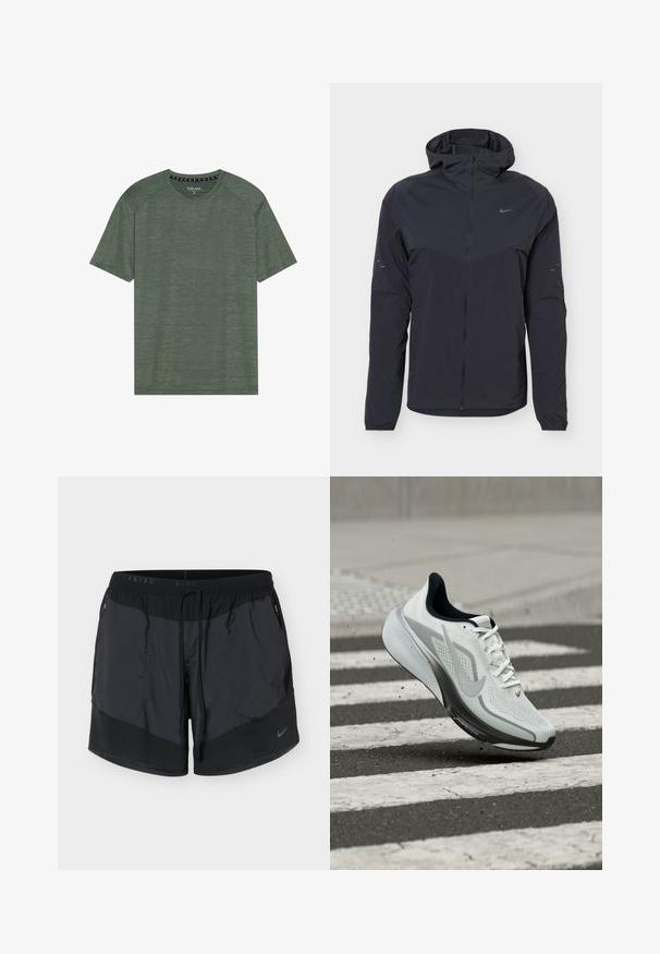 Sort letvægtsjakke med hætte, fuld frontlynlås, elastiske manchetter og lille Nike Swoosh-logo på bryst og ærmer.; Grøn kortærmet t-shirt lavet af tekstureret stof. Har en rund halsudskæring og let hævede skuldersømme. Ingen synlige mønstre eller accenter.; Sorte Nike løbeshorts med lynlåslommer i siden og snøre i taljen, med et lille Nike-swoosh på venstre ben.; Hvid og grå Nike løbesko med snørebånd i luften over et fodgængerfelt på asfalt, der viser dynamisk bevægelse og designdetaljer.