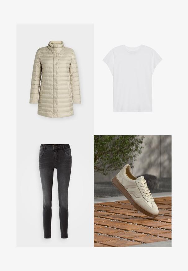 Beige doorgestikte lange donsjacket met hoge kraag, drukknoopsluiting en zijzakken, getoond op een effen achtergrond.; Witte t-shirt met korte mouwen, ronde hals, relaxte pasvorm, gemaakt van zacht katoen. Glad textuur, geen patronen of logo's.; Zwarte skinny jeans van denim, met een frontale knoopsluiting, gestudeerde details op de zakken en een gladde textuur.; Sneaker in roomkleur met een gestructureerde beige rubberen zool, vetersluiting en subtiele merkdetails aan de zijkant. Bovenwerk van glad leer.