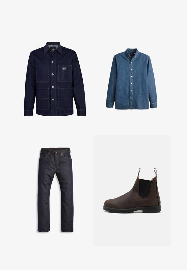 Donkerblauwe denimjas met knoopsluiting, twee voorzakken en contrasterende stiksels. Heeft een kraag en een merkembleem op de borst.; Denim overhemd met knopen in middelblauwe kleur, met lange mouwen, een puntkraag, witte knopen en een getailleerde pasvorm met subtiele geborduurde logo.; Donkerblauwe denim jeans met rechte snit, vijf zakken, metalen hardware en contrasterende oranje stiksels. Glad oppervlak, geen zichtbare patronen.; Bruine leren enkelboot met elastische zijpanelen en lusjes, voorzien van een gestructureerde oppervlakte en een duurzame zwarte rubberen zool.