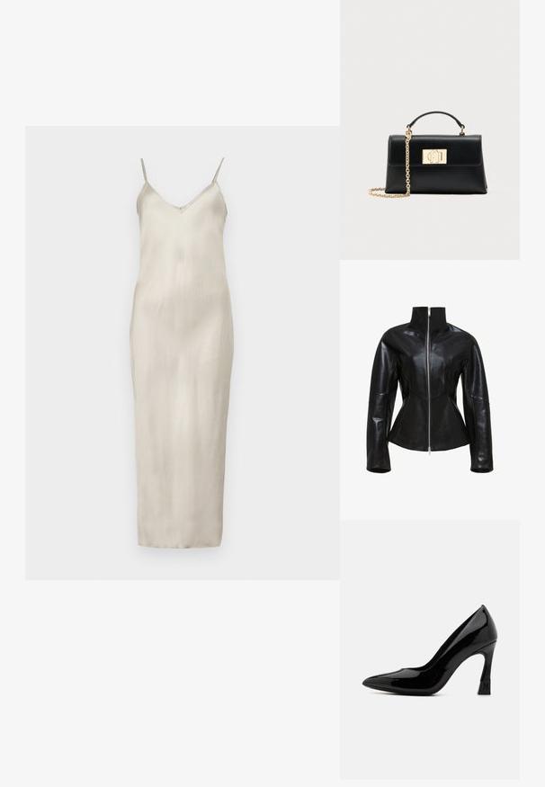 Veste en cuir noir avec un col haut, fermeture éclair et coupe ajustée. Présente des coutures élégantes et panneaux avec une texture lisse et brillante.; Robe nuisette en satin de couleur beige clair, avec de fines bretelles réglables, un décolleté en V et une silhouette droite longueur sol avec une texture lisse.; Escarpin en cuir verni noir à talon haut, avec un bout pointu et un talon bloc, présentant un accent logo. Texture de surface lisse et brillante.; Sac à main en cuir noir à la forme structurée, doté d'une poignée supérieure et d'une bandoulière chaîne ton or. Ornements dorés décoratifs avec détail de logo.