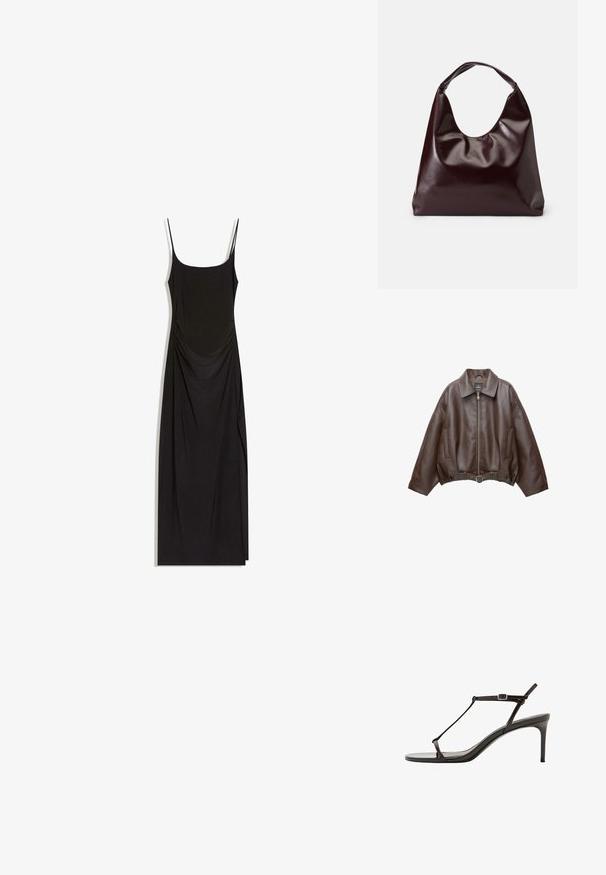 Veste en cuir marron foncé avec col, fermeture éclair à l'avant, poches latérales et ceinture en cuir assortie à la taille.; Robe maxi noire sans manches avec fines bretelles, côtés froncés et encolure carrée sur fond blanc.; Sandale à talon pour femme en cuir noir brillant, avec une fine lanière en T et une boucle de cheville ajustable, talon moyen mince.; Sac en cuir vegan bordeaux, brillant, avec une forme douce et sculpturale et une large poignée incurvée pour un transport facile.