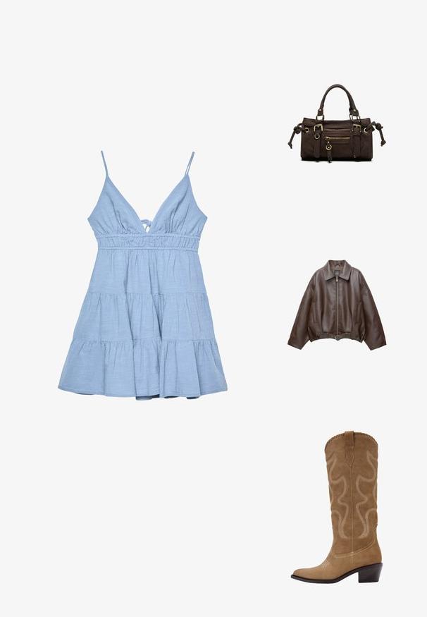 Donkerbruine leren jas met kraag, rits aan de voorkant, zijzakken en een bijpassende leren riem in de taille.; Lichtblauwe mouwloze jurk met een V-hals, geplooide top en gelaagde rok. Gemaakt van gestructureerde stof met verstelbare bandjes.; Bruine suède cowboylaars tot halverwege de kuit, met decoratieve witte stiksels en een gestapelde blokhak.; Donkerbruine leren handtas met dubbele handvatten, voorvak met ritssluiting, decoratieve gespen en zijknopen op een witte achtergrond.