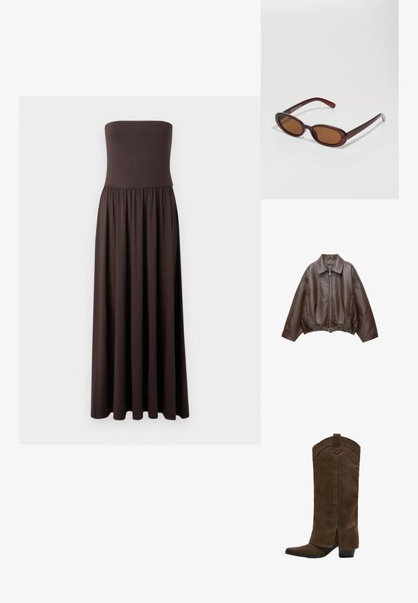 Dunkelbraune Lederjacke mit Kragen, Frontreißverschluss, Seitentaschen und einem passenden Ledergürtel in der Taille.; Schnurloses braunes Maxikleid aus weichem Stoff, mit einem taillierten Oberteil und einem fließenden, gerafften Rock für Bewegungsfreiheit.; Brauner Veloursleder-Westernstiefel knöchelhoch mit spitz zulaufender Zehenpartie, niedrigem Absatz und Zuglasche oben.; Runde, braun getönte Sonnenbrillen mit einem glänzenden burgunderfarbenen Rahmen. Schlanke Bügel mit dezentem Branding. Flaches Linsendesign.