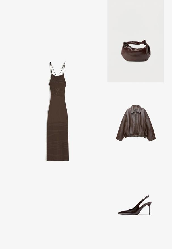 Veste en cuir marron foncé avec col, fermeture éclair à l'avant, poches latérales et ceinture en cuir assortie à la taille.; Robe longue marron foncé sans manches avec fines bretelles doubles et motifs texturés subtils sur tout le tissu, sur fond blanc.; Chaussure à talon haut pour femmes en cuir marron foncé, avec bride arrière, bout pointu et talon aigu slim, sur fond blanc.; Sac bandoulière en cuir marron foncé avec une forme souple et décontractée et une anse nouée torsadée sur un fond blanc uni.