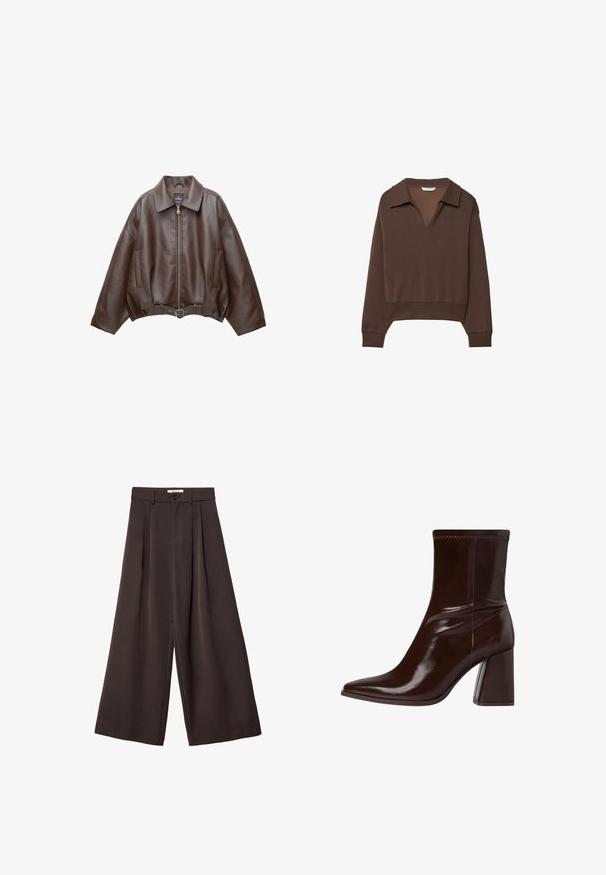 Veste en cuir marron foncé avec col, fermeture éclair à l'avant, poches latérales et ceinture en cuir assortie à la taille.; Pull marron avec un col en V et un col, présentant des manches longues et une coupe décontractée. Fabriqué en tissu doux avec une texture lisse.; Pantalon à jambes larges en tissu brun foncé, avec des plis, une fermeture par bouton, et une texture lisse ; longueur cheville avec une coupe ajustée.; Bottine en cuir verni marron avec un bout pointu, une cheville élastique et un talon bloc épais. Design élégant avec une texture lisse.