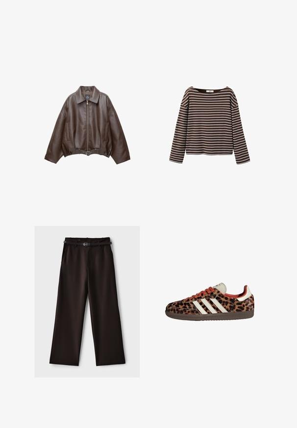 Veste en cuir marron foncé avec col, fermeture éclair à l'avant, poches latérales et ceinture en cuir assortie à la taille.; Chemise marron à manches longues avec des rayures horizontales blanches et un large col rond, présentée sur un fond blanc.; Pantalon noir à jambes larges avec poches avant et une fine ceinture noire, présenté sur un fond gris clair uni.; Baskets en imprimé léopard avec un matériau en suède, lacets rouges et trois rayures blanches sur le côté. Présente une languette de couleur crème et une semelle marron.