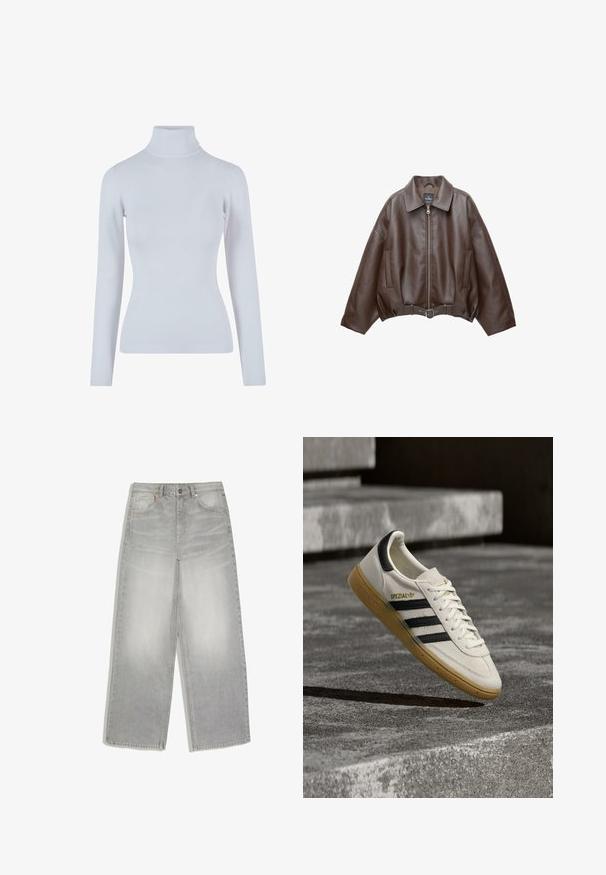 Veste en cuir marron foncé avec col, fermeture éclair à l'avant, poches latérales et ceinture en cuir assortie à la taille.; Pull à col roulé gris clair en tissu doux et côtelé. Comprend des manches longues, une coupe ajustée et un col haut et près du cou.; Jean denim gris clair à jambes larges avec poches avant et fermeture par boutons, posé à plat sur un fond blanc.; Baskets Adidas Spezial blanches avec des rayures noires et une semelle en gomme flottant au-dessus de marches en pierre grises à l'extérieur.