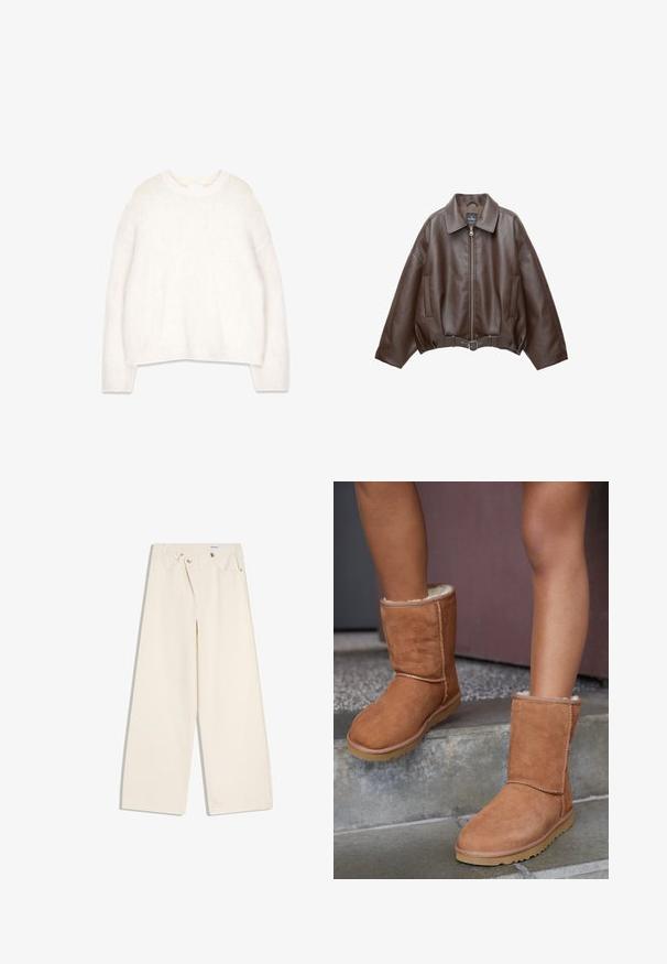 Veste en cuir marron foncé avec col, fermeture éclair à l'avant, poches latérales et ceinture en cuir assortie à la taille.; Pull blanc en laine moelleuse avec un col rond, des manches longues et une coupe décontractée. Fabriqué à partir d'un tissu doux et texturé, il présente des poignets et un ourlet côtelés.; Pantalon large couleur écru avec poches avant, passants pour ceinture, et boutons argentés sur la ceinture et les bords des poches.; Bottines en suede marron, à bout rond, avec une doublure douce et une semelle en caoutchouc, présentant des détails de couture visibles le long des coutures.