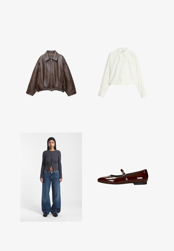 Donkerbruine leren jas met kraag, rits aan de voorkant, zijzakken en een bijpassende leren riem in de taille.; Witte cropped button-up shirt met een puntig kraag, lange mouwen en een soepele textuur. Kenmerkt zich door front knopen en een getailleerde pasvorm.; Grijze geribbelde crop top met lange mouwen en een vooropening, gecombineerd met losse blauwe hoge taille spijkerbroeken. Zwarte schoenen.; Bordeaux lakleren ballerina's met een lage hak, vierkante neus en verstelbare band met een goudkleurige gespsluiting.