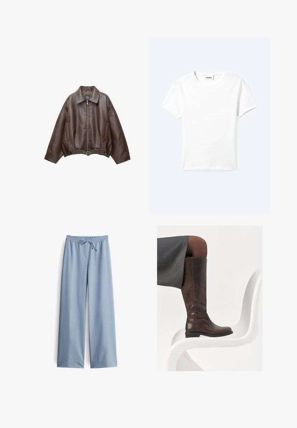 Donkerbruine leren jas met kraag, rits aan de voorkant, zijzakken en een bijpassende leren riem in de taille.; Effen wit T-shirt met korte mouwen en ronde hals met een klein "WEEKDAY" label aan de binnenkant van de hals, plat neergelegd op een lichte achtergrond.; Lichtblauwe wijde broek gemaakt van een gladdige stof, met een elastische tailleband en een trekkoord, zonder zichtbare zakken of extra details.; Bruine leren knie-hoge laars met een ronde neus, een soepele textuur en minimale stikseldetails, tegen een lichte achtergrond op een witte stoel.