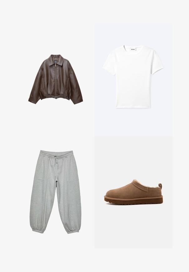 Veste en cuir marron foncé avec col, fermeture éclair à l'avant, poches latérales et ceinture en cuir assortie à la taille.; T-shirt blanc uni à manches courtes et col rond avec une petite étiquette "WEEKDAY" à l'intérieur de l'encolure, présenté à plat sur un fond clair.; Pantalons de jogging gris clair en tissu doux, dotés d'une taille élastique, d'un cordon de serrage et de poignets élastiques, avec des poches latérales.; Chausson marron en daim à enfiler, avec une doublure intérieure en peluche et une semelle épaisse à crampons, présenté de côté sur un fond uni.