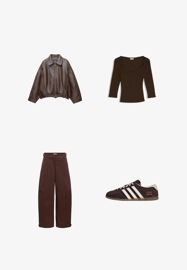 Veste en cuir marron foncé avec col, fermeture éclair à l'avant, poches latérales et ceinture en cuir assortie à la taille.; Haut marron cintré à manches longues avec un col en arrondi, une patte à trois boutons et une bordure en dentelle le long des bords du col.; Pantalon marron à jambes larges avec bretelles boutonnées à la taille et aux poignets, fermeture frontale cachée et détails de coutures visibles.; Baskets en suède marron avec trois bandes blanches, semelle en caoutchouc, et étiquette avec le texte "Gazelle" en or. Fermeture à lacets avec lacets gris.