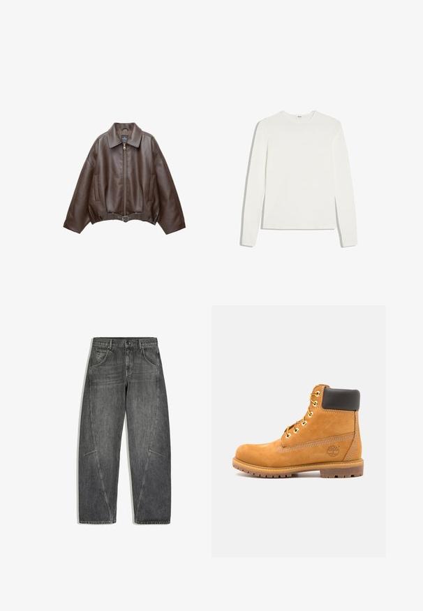 Donkerbruine leren jas met kraag, rits aan de voorkant, zijzakken en een bijpassende leren riem in de taille.; Effen wit shirt met lange mouwen en ronde hals, slim fit, plat gelegd op een witte achtergrond.; Zwart gewassen spijkerbroek met hoge taille, knoopsluiting aan de voorkant, ritssluiting, zijzakken en naaddetails op een lichte achtergrond.; Bruine leren enkelboot met zwarte voering, gouden oogjes en een gestructureerde zool. Kenmerkt zich door een cirkelvormig logo aan de zijkant en stikselaccenten.
