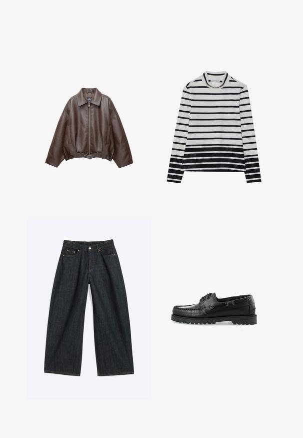 Veste en cuir marron foncé avec col, fermeture éclair à l'avant, poches latérales et ceinture en cuir assortie à la taille.; T-shirt à manches longues en coton, présentant des rayures horizontales noires et blanches, un col montant haut et une coupe décontractée avec des fentes sur les côtés.; Jean denim bleu foncé à jambes larges avec poches avant et passants de ceinture, posé à plat sur un fond clair.; Bateau en cuir noir présentant un design mocassin, un bout arrondi, des coutures décoratives et une semelle en caoutchouc texturé avec des crampons.
