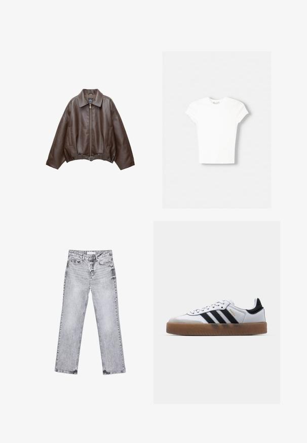 Veste en cuir marron foncé avec col, fermeture éclair à l'avant, poches latérales et ceinture en cuir assortie à la taille.; T-shirt blanc à manches courtes en coton doux, avec un col rond et une coupe ajustée. Pas de motifs ni d'ornements visibles.; Jean en denim gris avec une coupe droite, des détails déchirés, cinq poches et des rivets en cuivre. La ceinture présente une étiquette de logo.; Baskets en cuir blanc avec des rayures noires, semelle extérieure en caoutchouc beige, bout rond, fermeture lacée et embout en suède gris doux.