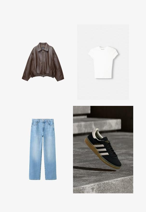 Veste en cuir marron foncé avec col, fermeture éclair à l'avant, poches latérales et ceinture en cuir assortie à la taille.; T-shirt blanc à manches courtes en coton doux, avec un col rond et une coupe ajustée. Pas de motifs ni d'ornements visibles.; Jean en denim bleu clair avec une coupe droite, style cinq poches, passants pour ceinture et légère décoloration pour un look décontracté.; Baskets en daim noir avec des rayures blanches et un logo doré, dotées d'une semelle en caoutchouc gomme texturée et d'un languette de talon crème contrastante.