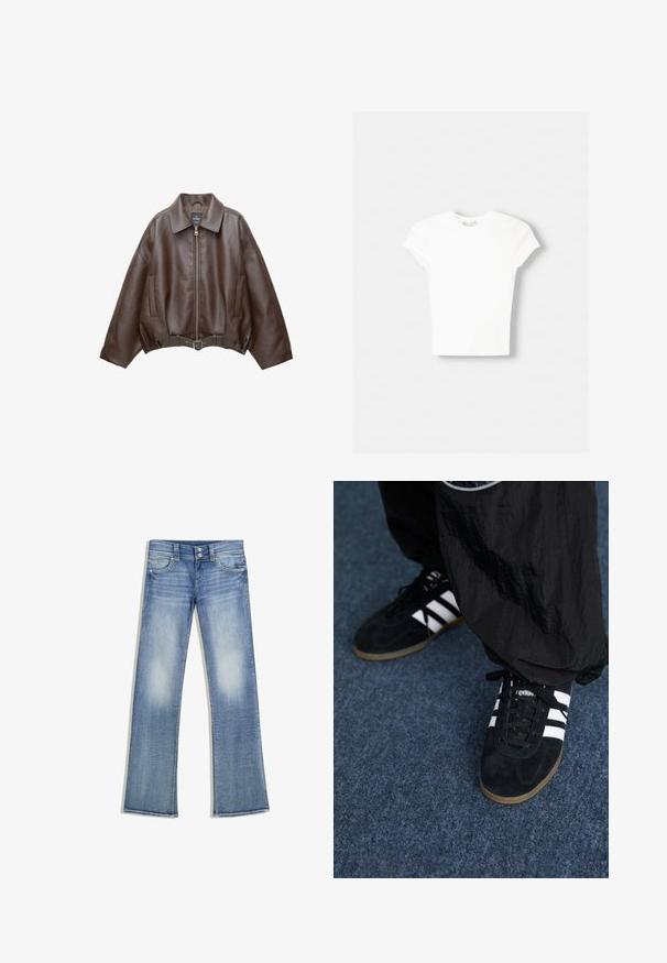 Dunkelbraune Lederjacke mit Kragen, Frontreißverschluss, Seitentaschen und einem passenden Ledergürtel in der Taille.; Weißes kurzärmliges T-Shirt aus weicher Baumwolle, mit Rundhalsausschnitt und figurbetonter Form. Keine sichtbaren Muster oder Verzierungen.; Hellblaue Bootcut-Jeans mit ausgewaschener Optik, fünf Taschen, Gürtelschlaufen und doppeltem Knopfverschluss, flach auf weißem Hintergrund liegend.; Schwarze Wildleder-Sportschuhe mit drei weißen Streifen und schwarzen Schnürsenkeln. Eine strukturierte schwarze Hose ist teilweise neben den Schuhen sichtbar.