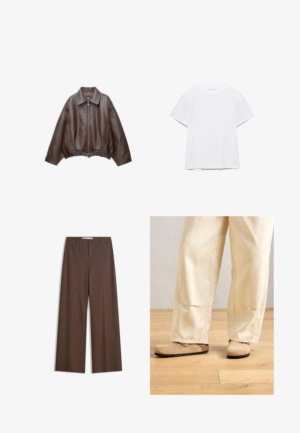 Veste en cuir marron foncé avec col, fermeture éclair à l'avant, poches latérales et ceinture en cuir assortie à la taille.; T-shirt blanc uni à manches courtes et col rond, avec un ourlet droit, présenté sur un fond blanc.; Pantalons larges marron avec une texture lisse, des plis à l'avant, une fermeture à bouton et deux poches latérales. Conçus pour le confort et la polyvalence.; Pantalons larges beiges portés avec des sabots en suède tan de style Birkenstock sur un sol en bois clair.