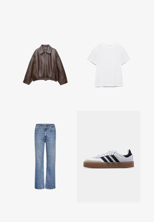 Veste en cuir marron foncé avec col, fermeture éclair à l'avant, poches latérales et ceinture en cuir assortie à la taille.; T-shirt blanc uni à manches courtes et col rond, avec un ourlet droit, présenté sur un fond blanc.; Jean en denim bleu taille haute avec jambes droites, fermeture à bouton et zip à l'avant, et design à cinq poches.; Baskets en cuir blanc avec des rayures noires, semelle extérieure en caoutchouc beige, bout rond, fermeture lacée et embout en suède gris doux.