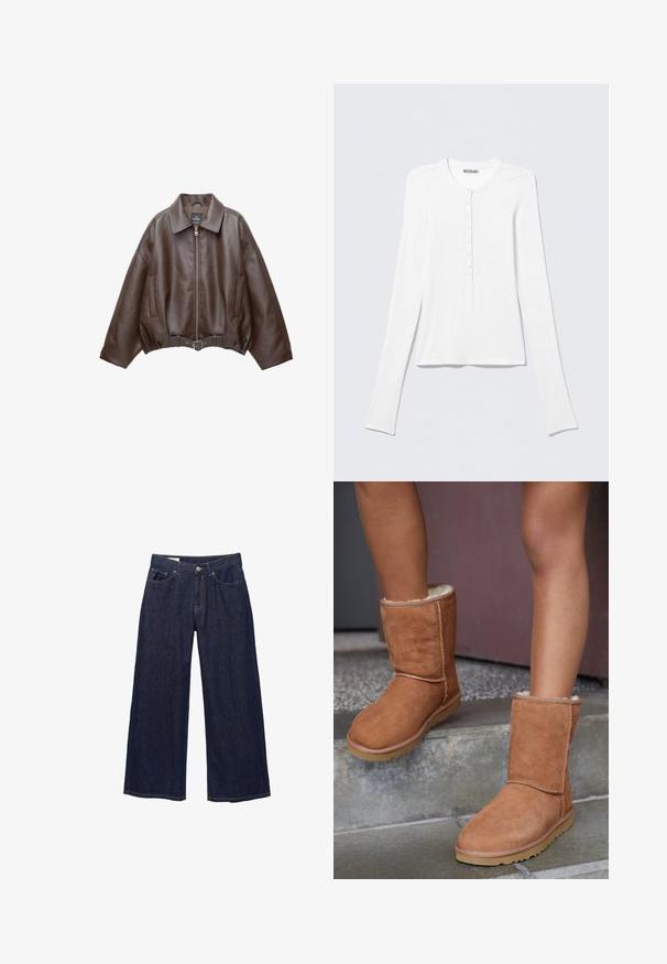Donkerbruine leren jas met kraag, rits aan de voorkant, zijzakken en een bijpassende leren riem in de taille.; Wit Henley-shirt met lange mouwen, een ronde hals en een verticale rij kleine knopen middenvoor.; Donkerblauwe denim jeans met wijde pijpen, voorzakken, riemlussen en een knoopsluiting.; Bruine suède enkellaarsjes met een ronde neus, zachte voering en een rubberen zool, met zichtbaar stiksel langs de naden.