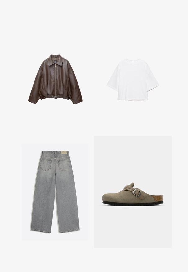 Veste en cuir marron foncé avec col, fermeture éclair à l'avant, poches latérales et ceinture en cuir assortie à la taille.; T-shirt blanc à manches courtes, coupe carrée, en coton doux. Présente un col rond et des manches larges, avec un design épuré et simple.; Jean en denim gris à jambes larges montrant l'arrière avec deux poches et des passants de ceinture, posé à plat sur fond blanc.; Sabots en velours côtelé vert olive clair avec une semelle en liège et en caoutchouc moulée. Dispose d'une sangle latérale avec une boucle en métal et d'un bout arrondi.