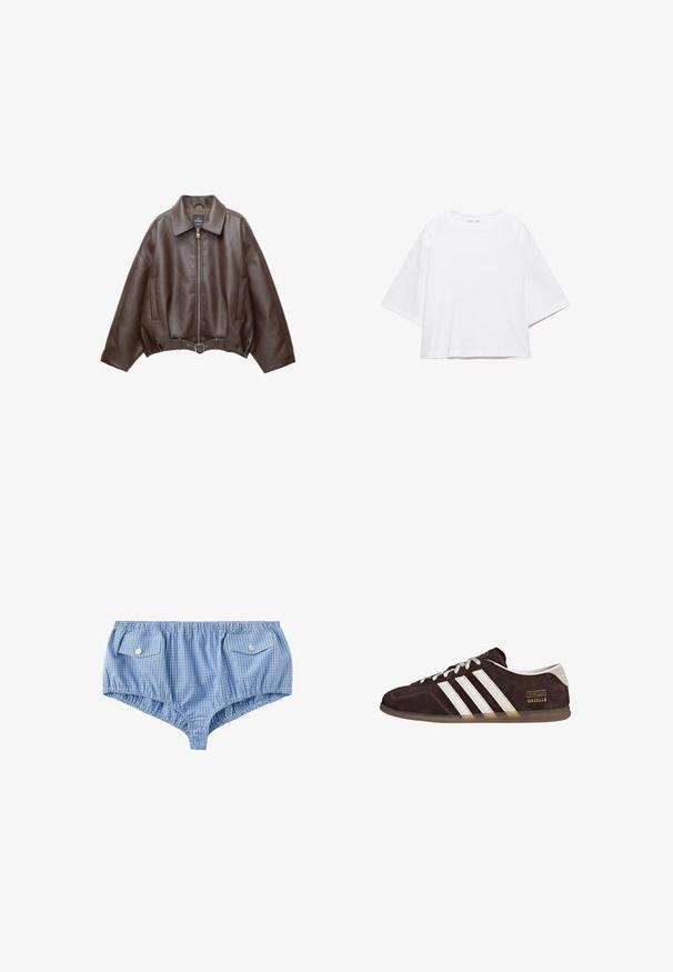 Veste en cuir marron foncé avec col, fermeture éclair à l'avant, poches latérales et ceinture en cuir assortie à la taille.; T-shirt blanc à manches courtes, coupe carrée, en coton doux. Présente un col rond et des manches larges, avec un design épuré et simple.; Short boxer à carreaux bleus et blancs avec taille élastique et deux poches rabat boutonnées à l'avant.; Baskets en suède marron avec trois bandes blanches, semelle en caoutchouc, et étiquette avec le texte "Gazelle" en or. Fermeture à lacets avec lacets gris.