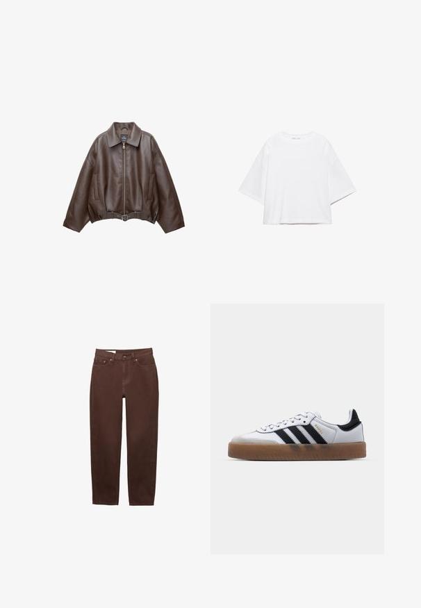 Veste en cuir marron foncé avec col, fermeture éclair à l'avant, poches latérales et ceinture en cuir assortie à la taille.; T-shirt blanc à manches courtes, coupe carrée, en coton doux. Présente un col rond et des manches larges, avec un design épuré et simple.; Jean marron à jambe droite avec bouton frontal, fermeture éclair et design à cinq poches sur fond blanc.; Baskets en cuir blanc avec des rayures noires, semelle extérieure en caoutchouc beige, bout rond, fermeture lacée et embout en suède gris doux.