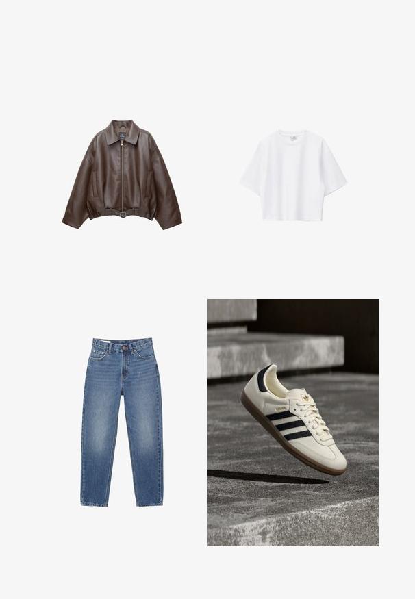 Donkerbruine leren jas met kraag, rits aan de voorkant, zijzakken en een bijpassende leren riem in de taille.; Witte cropped T-shirt van zacht katoen met een ronde hals, korte mouwen en een comfortabele pasvorm. Eenvoudig en veelzijdig ontwerp.; Blauwe spijkerbroek met rechte pijpen, vijfzakkenmodel en zichtbare stikseldetails op een witte achtergrond.; Witte Adidas Samba sneaker met zwarte strepen en gumzool, zwevend boven gestructureerde grijze betonnen treden.