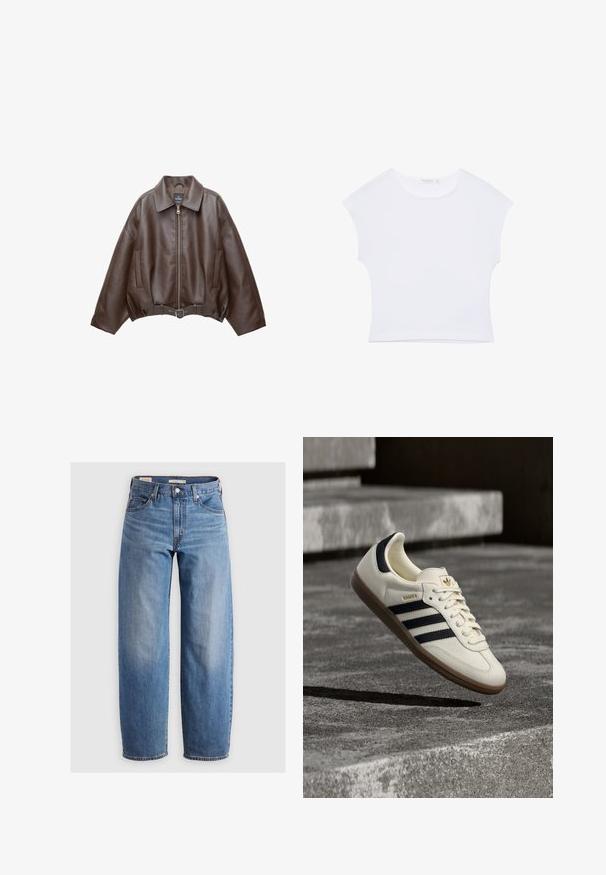 Dunkelbraune Lederjacke mit Kragen, Frontreißverschluss, Seitentaschen und einem passenden Ledergürtel in der Taille.; Weißes kurzärmeliges, bauchfreies T-Shirt mit rundem Ausschnitt aus glattem Stoff, flach auf einem weißen Hintergrund liegend.; Helleblaue, gerade geschnittene Jeans aus Denim. Merkmale ein klassisches Fünf-Taschen-Design und dezente Ausbleichungen entlang der Beine.; Weißer Adidas Samba Sneaker mit schwarzen Streifen und Gummisohle, schwebend über strukturierten grauen Betontreppen.