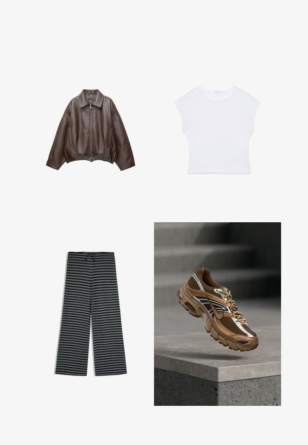 Veste en cuir marron foncé avec col, fermeture éclair à l'avant, poches latérales et ceinture en cuir assortie à la taille.; T-shirt court blanc à manches courtes avec col rond, en tissu lisse, posé à plat sur un fond blanc.; Pantalon à jambes larges avec des rayures horizontales noires et grises et un cordon noir à la taille sur fond blanc.; Baskets Nike marron et beige avec mesh et détails réfléchissants flottant au-dessus d'un rebord en béton sur un fond gris flou.
