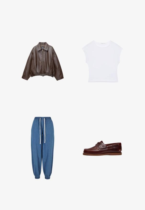 Veste en cuir marron foncé avec col, fermeture éclair à l'avant, poches latérales et ceinture en cuir assortie à la taille.; T-shirt court blanc à manches courtes avec col rond, en tissu lisse, posé à plat sur un fond blanc.; Pantalon de jogging en denim bleu avec taille élastique et poignets, avec des cordons blancs à la taille.; Chaussure bateau en cuir marron avec lacets, détails de couture et logo Timberland sur le côté, présentée sur un fond blanc.