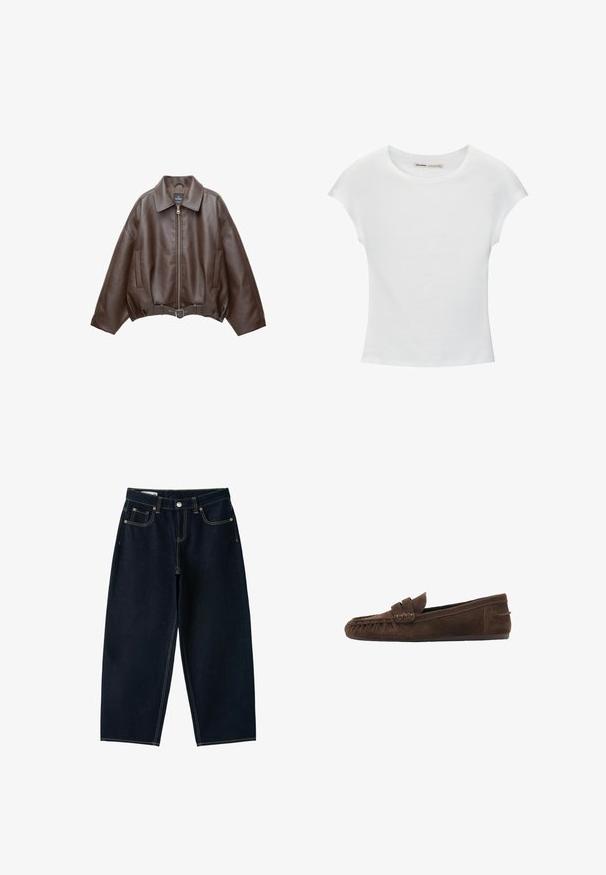 Veste en cuir marron foncé avec col, fermeture éclair à l'avant, poches latérales et ceinture en cuir assortie à la taille.; T-shirt en coton blanc avec manches courtes retroussées, encolure ronde et ourlet droit. Texture lisse sans motifs ni accents visibles.; Jean bleu foncé à jambes larges, taille haute, bouton sur le devant, fermeture éclair et cinq poches avec coutures apparentes.; Mocassin marron en daim avec détails cousus et petit talon, présenté de profil sur fond blanc.