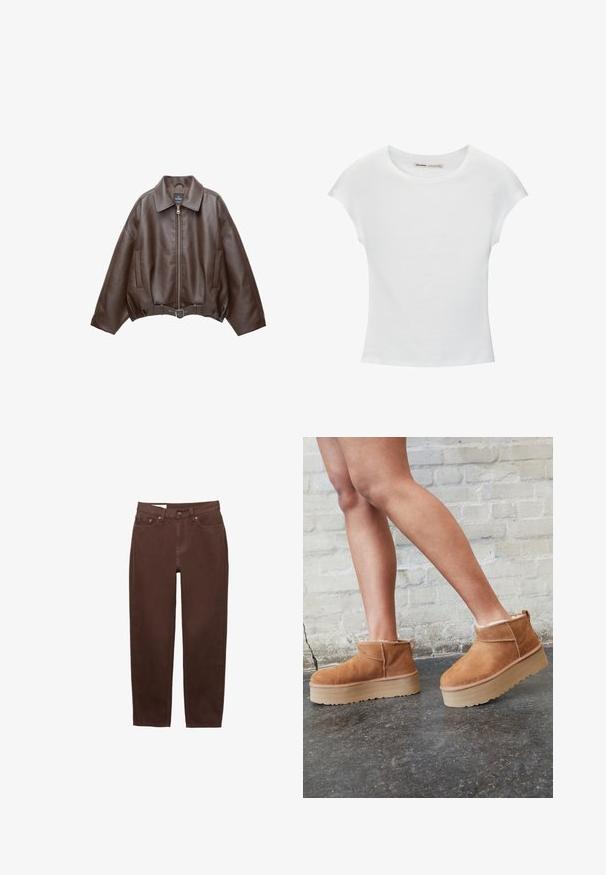 Donkerbruine leren jas met kraag, rits aan de voorkant, zijzakken en een bijpassende leren riem in de taille.; Witte katoenen T-shirt met korte, opgerolde mouwen, een ronde halslijn en een rechte zoom. Gladde textuur zonder zichtbare patronen of accenten.; Bruine jeans met rechte pijpen, voorzien van een voorste knoop- en ritsluiting, en een ontwerp met vijf zakken op een witte achtergrond.; Bruine suède enkelboots met een zachte voering, dikke beige plateauzool en een achterste lus. Getextureerde oppervlakte met zichtbare stiksels.