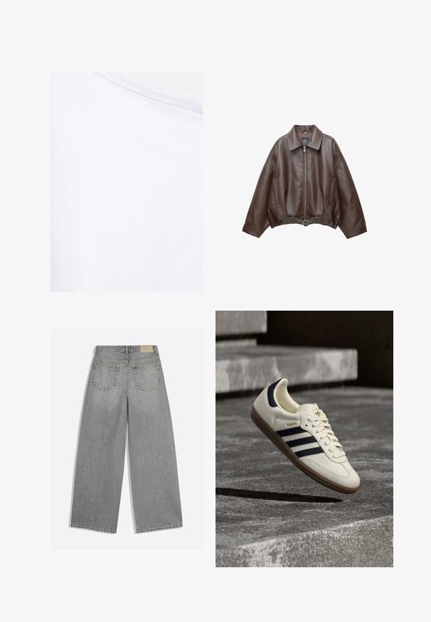 Veste en cuir marron foncé avec col, fermeture éclair à l'avant, poches latérales et ceinture en cuir assortie à la taille.; Tissu blanc avec une texture lisse et une couture visible près du bord supérieur.; Jean en denim gris à jambes larges montrant l'arrière avec deux poches et des passants de ceinture, posé à plat sur fond blanc.; Baskets blanches Adidas Samba avec des bandes noires et une semelle en gomme, flottant au-dessus de marches en béton gris texturé.