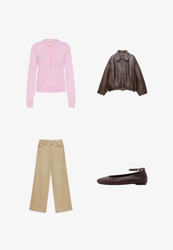 Donkerbruine leren jas met kraag, rits aan de voorkant, zijzakken en een bijpassende leren riem in de taille.; Roze gebreide lange mouw polo trui met een kraag, voorzien van een knoopsluiting met vijf knopen en een ribgebreide zoom. Zachte textuur, aansluitend ontwerp.; Wijde, lichtbeige jeans van denim met twee voorzakken en een knoopsluiting. Voorzien van strakke lijnen en minimale stiksels.; Donkerbruine platte schoen met afgeronde neus en verstelbare enkelband met zilveren gesp op witte achtergrond.