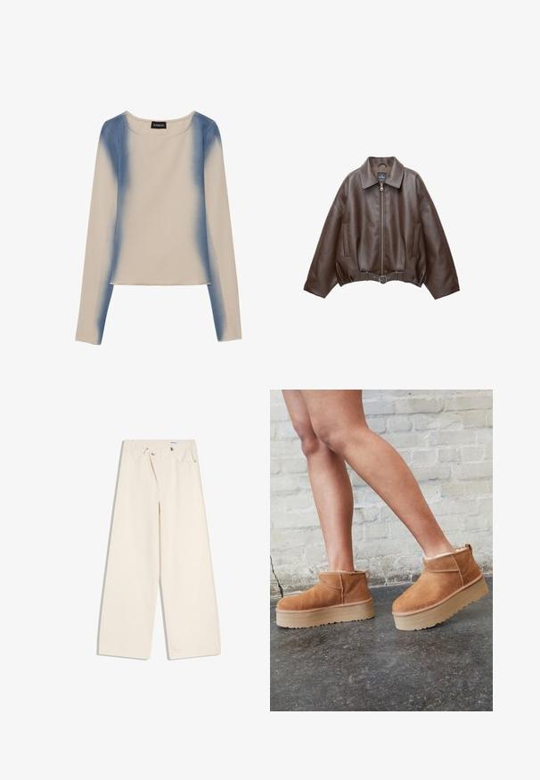 Veste en cuir marron foncé avec col, fermeture éclair à l'avant, poches latérales et ceinture en cuir assortie à la taille.; Haut à manches longues en beige clair, avec un design dégradé bleu. Texture lisse avec un col rond et une taille droite.; Pantalon large couleur écru avec poches avant, passants pour ceinture, et boutons argentés sur la ceinture et les bords des poches.; Bottines en suède marron avec une doublure en peluche, semelle épaisse en beige et une poignée à l'arrière. Surface texturée avec des détails de couture visibles.