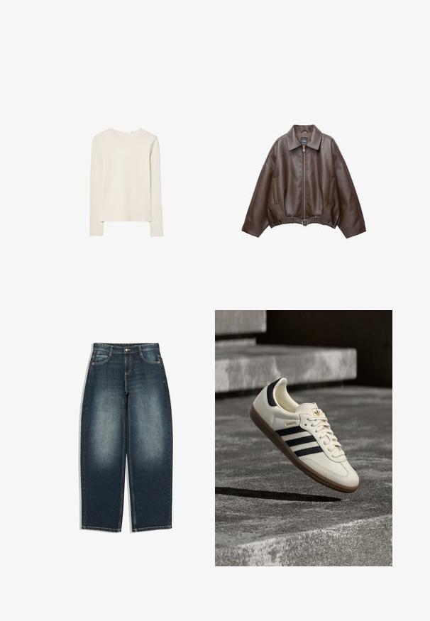 Veste en cuir marron foncé avec col, fermeture éclair à l'avant, poches latérales et ceinture en cuir assortie à la taille.; Haut beige clair à manches longues en tissu doux, avec un col rond et une coupe décontractée, un ourlet droit et un minimum de détails de couture.; Jean bleu foncé à jambes larges avec légère décoloration sur l’avant des cuisses, cinq poches, fermeture par bouton et passants de ceinture, présenté à plat sur fond blanc.; Baskets blanches Adidas Samba avec des bandes noires et une semelle en gomme, flottant au-dessus de marches en béton gris texturé.