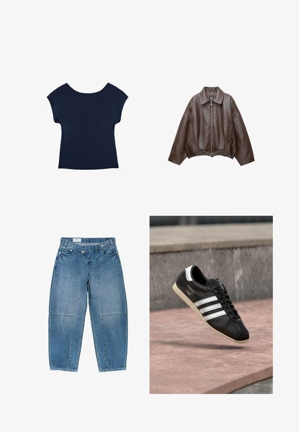 Veste en cuir marron foncé avec col, fermeture éclair à l'avant, poches latérales et ceinture en cuir assortie à la taille.; Haut bleu marine à manches courtes avec un large décolleté et une coupe décontractée. Texture lisse, design jusqu'à la hanche, sans motifs ni éléments visibles.; Jean en denim bleu à coupe ample, jambes droites, poches avant et fermeture à boutons à la taille sur fond blanc.; Baskets en cuir noir avec des rayures blanches et une semelle blanche, lacées, flottant au-dessus d'une surface en béton rosée avec un mur en pierre grise en arrière-plan.
