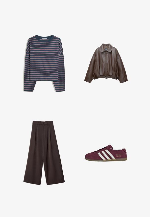 Donkerbruine leren jas met kraag, rits aan de voorkant, zijzakken en een bijpassende leren riem in de taille.; Marineblauwe longsleeve top met witte en roze horizontale strepen; ronde hals; relaxte pasvorm; zachte stof; zijsplitten aan de onderkant voor meer bewegingsgemak.; Wijde broek met donkere bruine stof, voorzien van plooien, een knoopsluiting en een gladde textuur; enkelhoog met een getailleerd ontwerp.; Bordeauxrode suède sneaker met witte strepen, een ronde neus en een buitenzool van gum rubber. Voorzien van een logolabel aan de buitenkant.