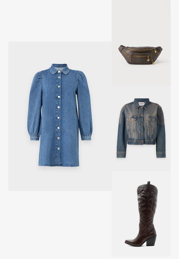 Blå denimjakke med en cropped design, der har to brystlommer, metalknapper og en klassisk skjortekrave. Faded tekstur gennem hele jakken.; Denimkjole med lange puffede ærmer, knapåbning foran, krave og lige snit. Blåt stof med en glat overflade.; Høj mørkebrun læder cowboystøvle med syede dekorative mønstre, spids tå og stablet blokhæle.; Mørkebrun læder bumbag med flere gyldne lynlåse, hver med en lille hjerteformet charm-vedhæng.