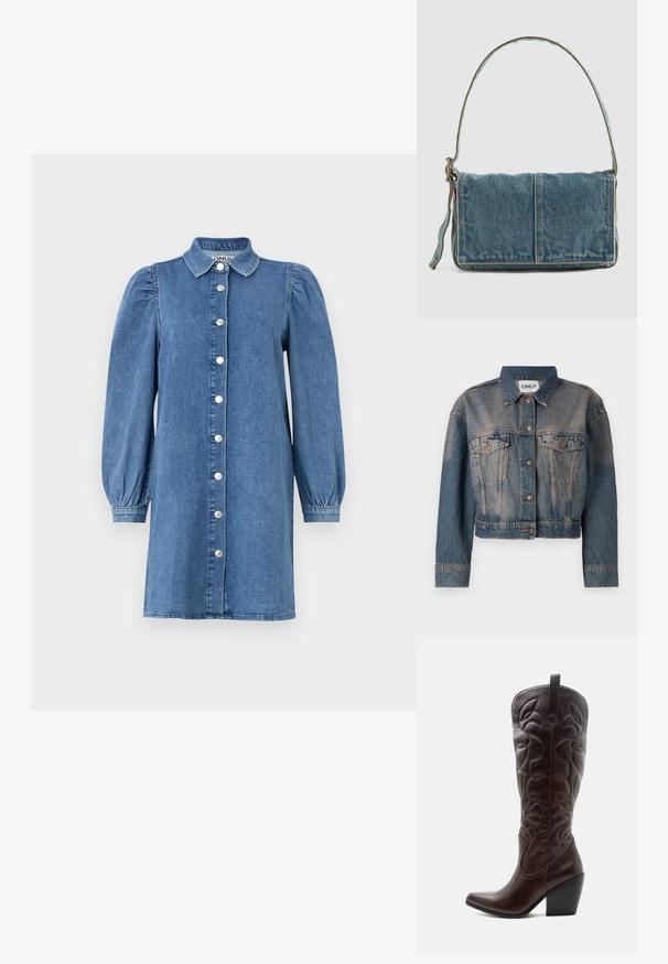 Sinine denim-jakk lühikese disainiga, millel on kaks rinna taskut, metallnupud ja klassikaline krae. Kõikjal on pleekinud tekstuur.; Denimkleit pikka puffseelikutega, nupuväärisega, kraega ja sirge lõikega. Sinine kangas, millel on sile tekstuur.; Kõrge tumepruun nahast kauboi saabas, millel on õmmeldud dekoratiivsed mustrid, terava varbaosaga ja kuhjatud plokk-kontsaga.; Denim õlakott volditud disainiga, helesinine värv, nähtavad õmblused, reguleeritav sang ja külgmine silt.